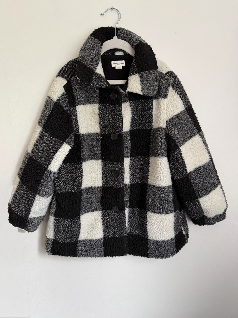 Miles the Label Cozy Kids Black & White Plaid Sherpa Jacket (Size 8)